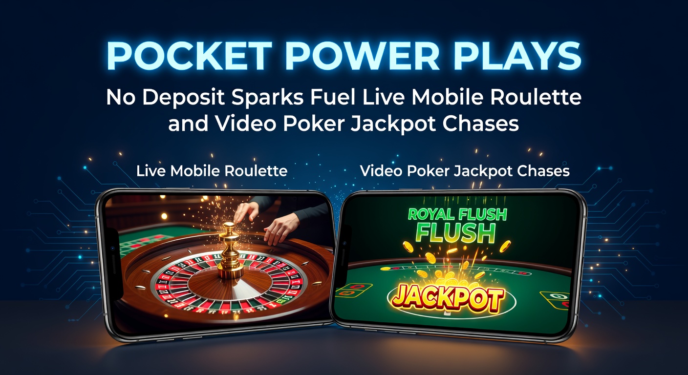 Detaillierte Grafik eines Video-Poker-Bildschirms mit Jackpot-Meter und Roulette-Tisch im Hintergrund, No-Deposit-Symbol overlayed
