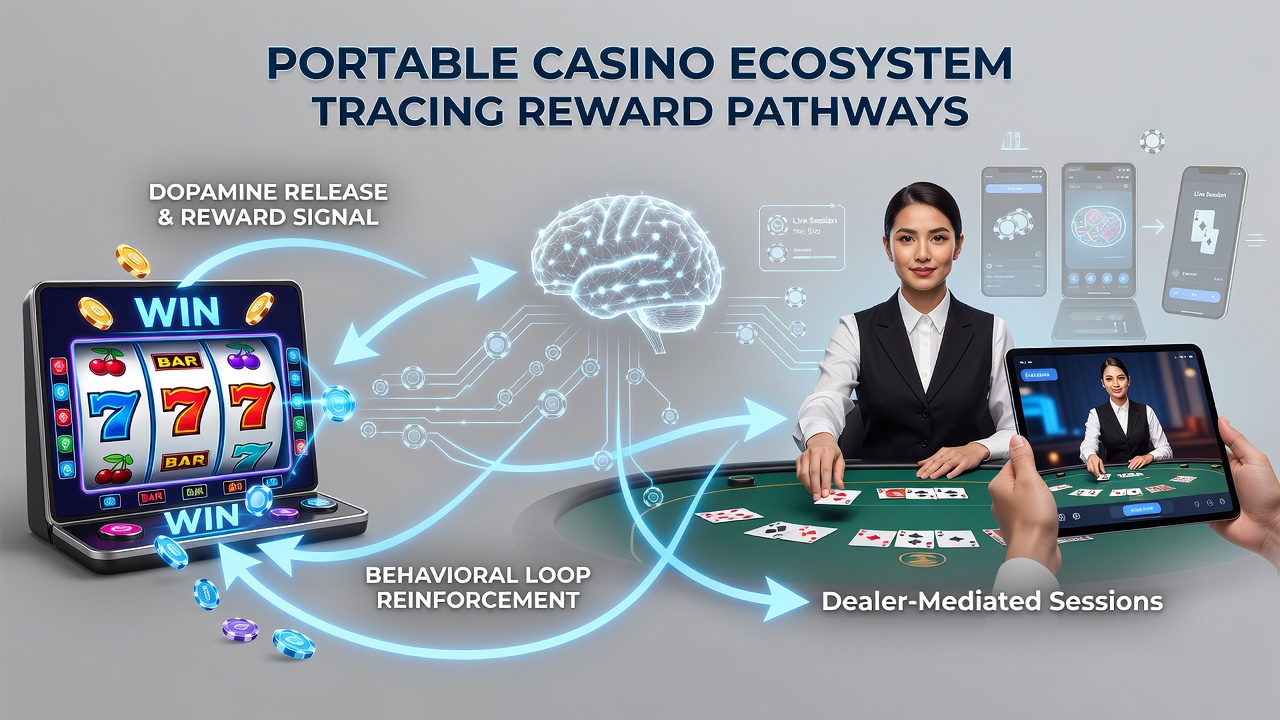 Illustration von Belohnungsverbindungen zwischen Slot-Sequenzen und Live-Dealer-Sessions auf mobilen Geräten